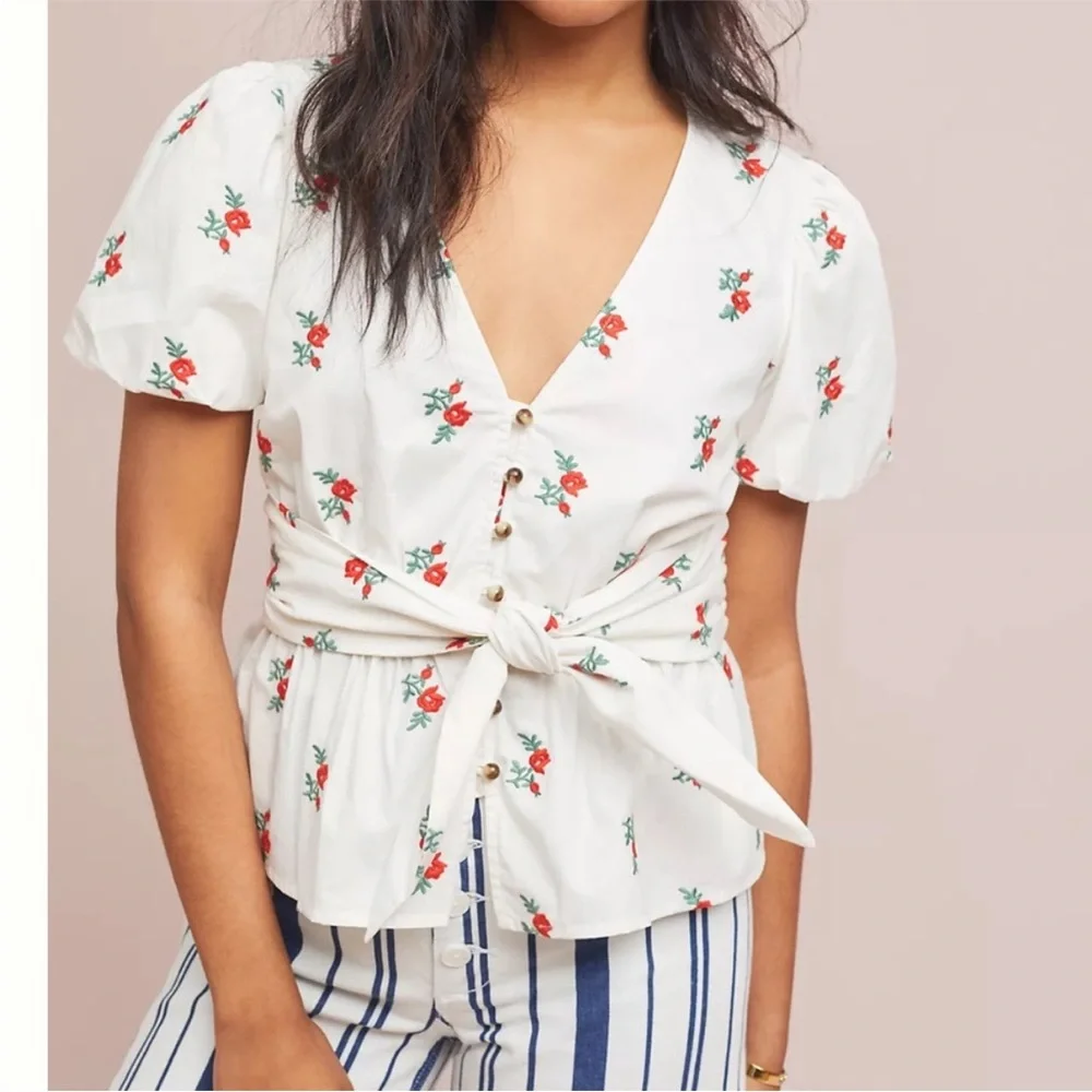 🍒 Anthropologie Maeve Peplum V-Neck Puff-Sleeve Bow Blouse Floral Print Large